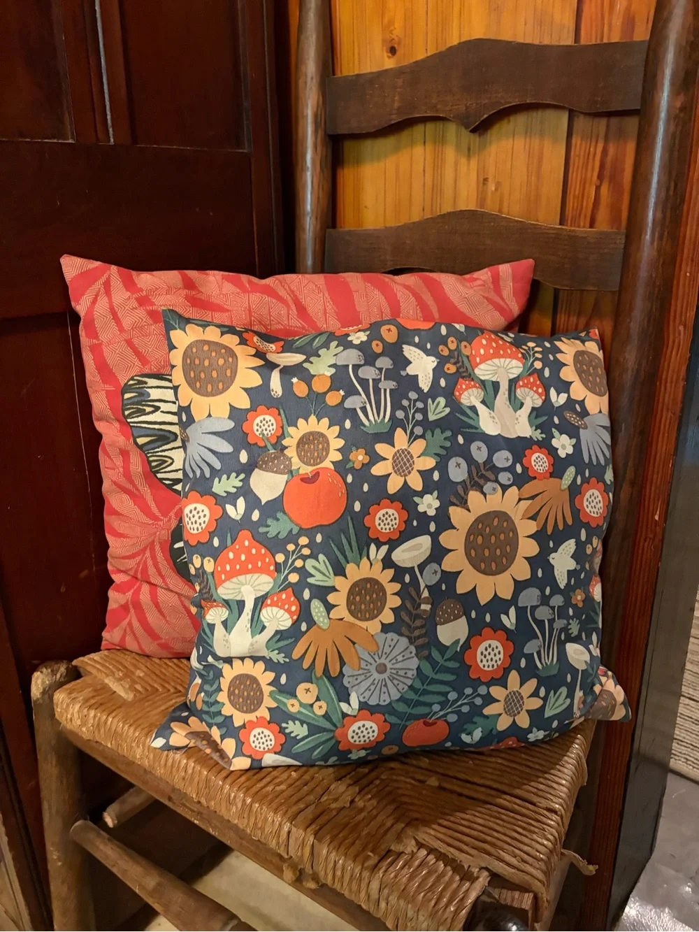 Decorative Gnome & Mushroom Throw Pillow - Navy Blue